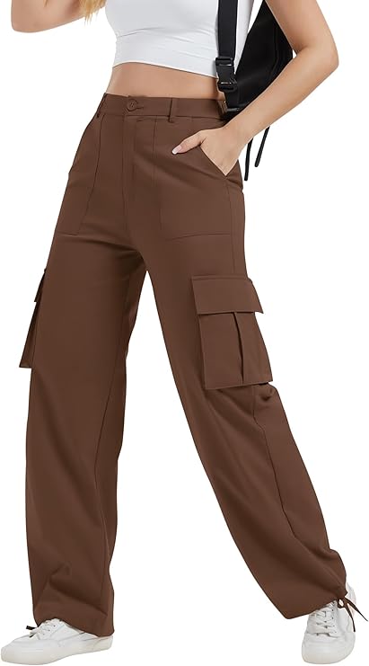 Women's Stretchy High-Waisted Cargo Pants – Lightweight Linen Streetwear with Adjustable Cuffs & Multiple Pockets