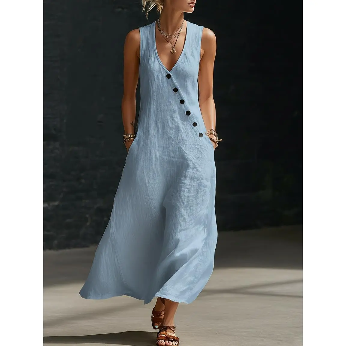Perfect for Beach, Vacation & Brunch! Sleeveless V-Neck Button Detail Casual Dress with Pockets