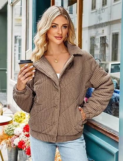 Women's Bomber Jacket Corduroy Ribbed Quilted Zip Up Long Sleeve Winter Coat Fall Outerwear Tops with Pockets