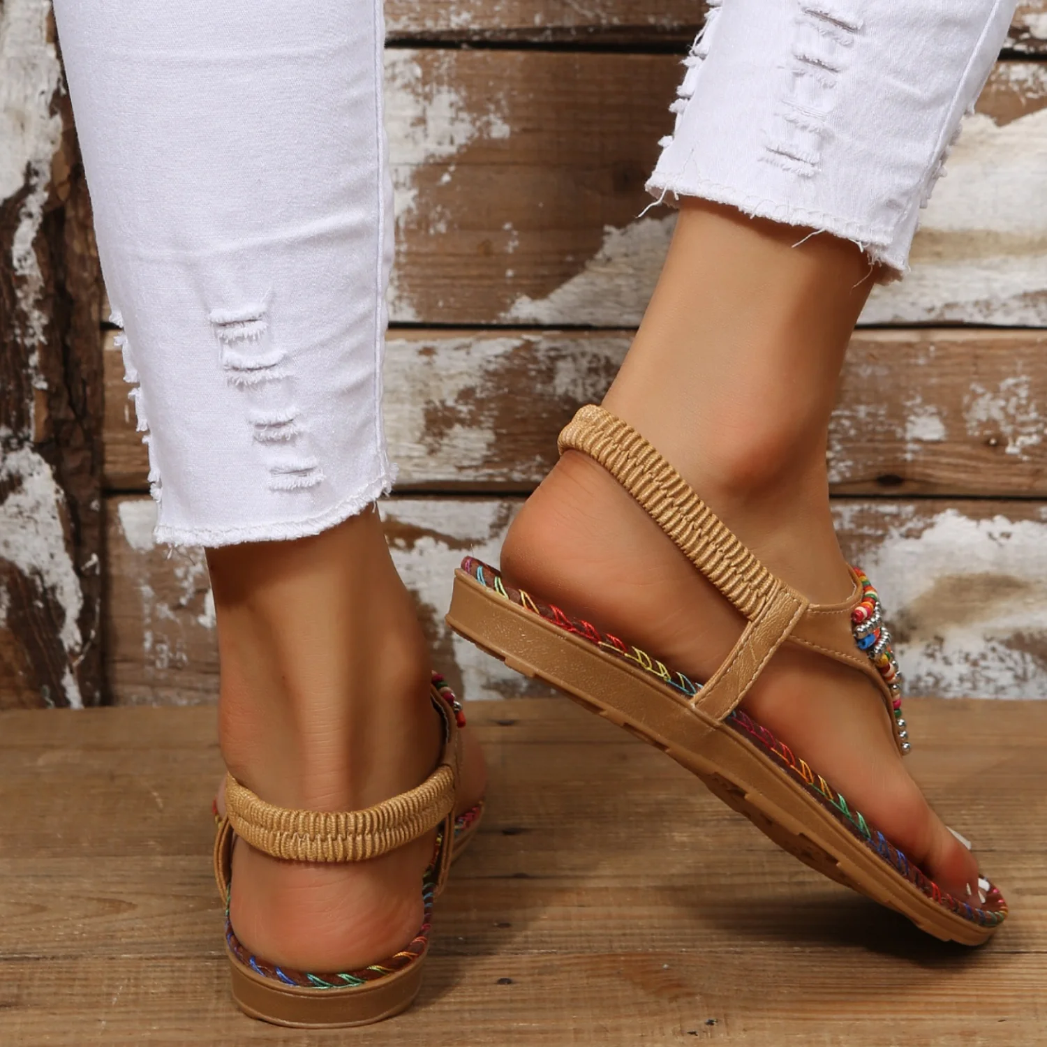 Beaded PU Leather Open Toe Sandals (2 color options)