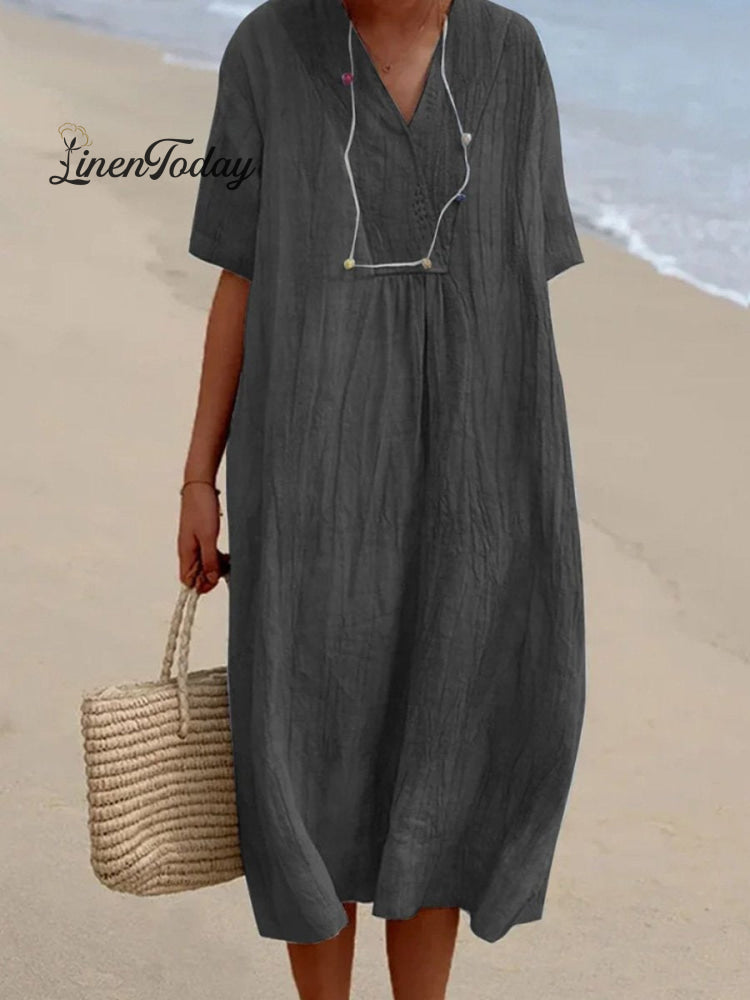 Women's Solid Color Cotton And Linen Short Sleeve Dress