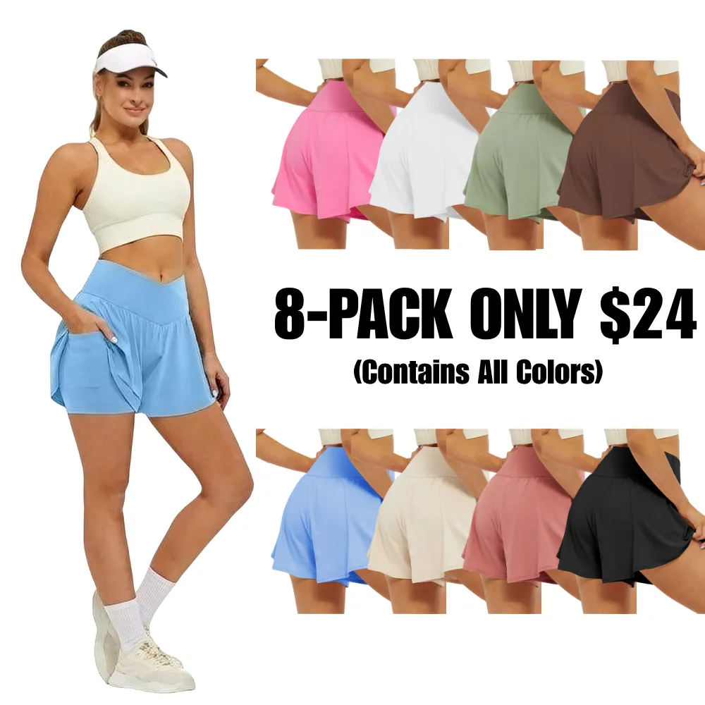🔥8 PACKS $24 - Crossover Athletic Shorts for Women 2 in 1 Flowy Running Shorts with Pockets