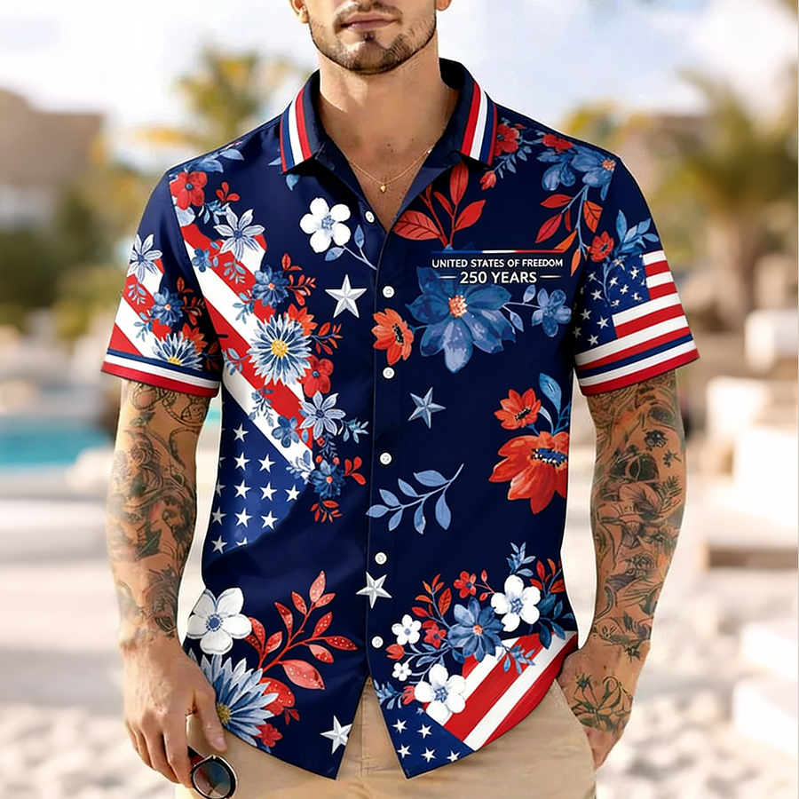 Men'S Casual American Flag Floral Art Print Hawaiian Shirt