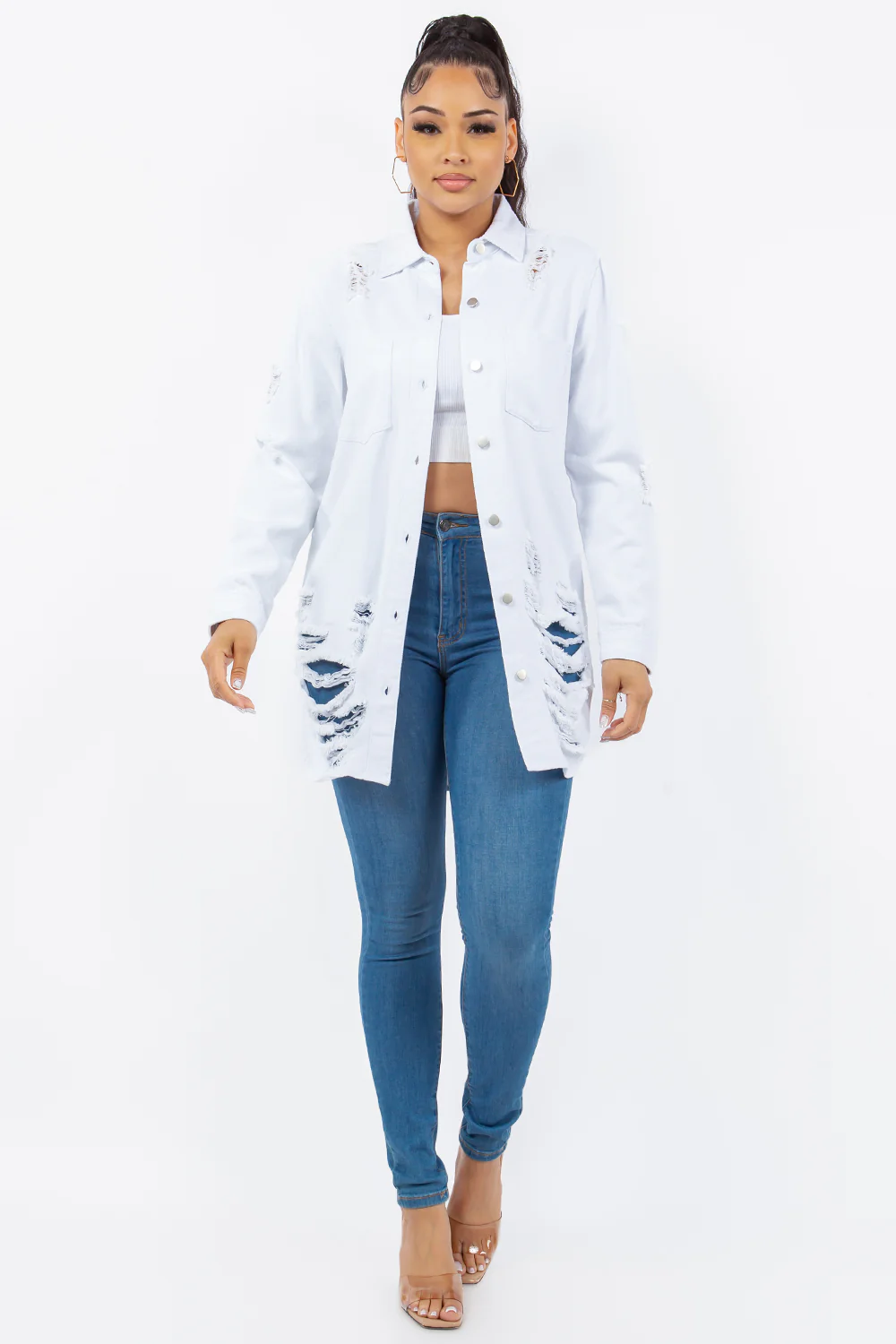 Distressed Button Up Long Sleeve Denim Jacket