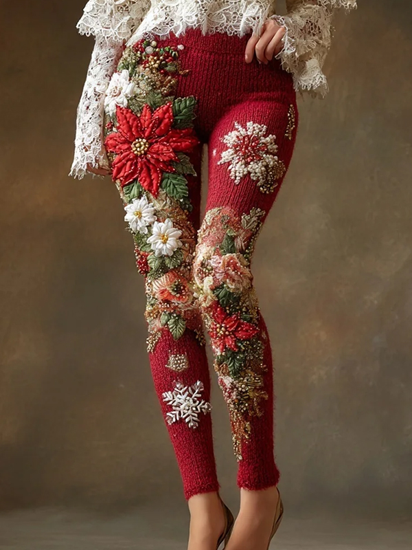 Women's Christmas Flowers Poinsettia Art Print Leggings
