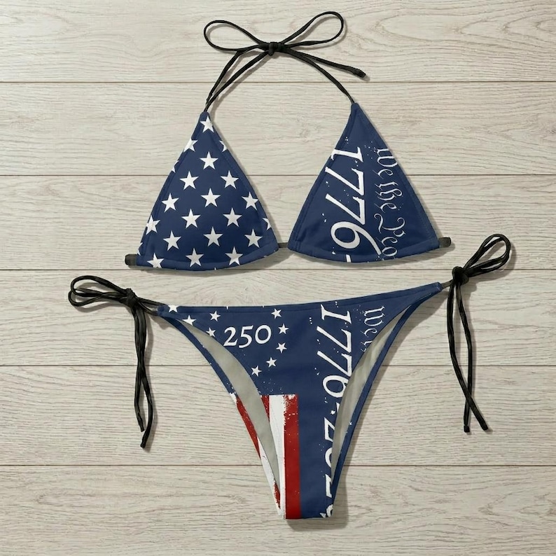 Patriotic American Flag Bikini and Swim Trunks Set, USA Stars Stripes Fourth of July Swimwear Outfit