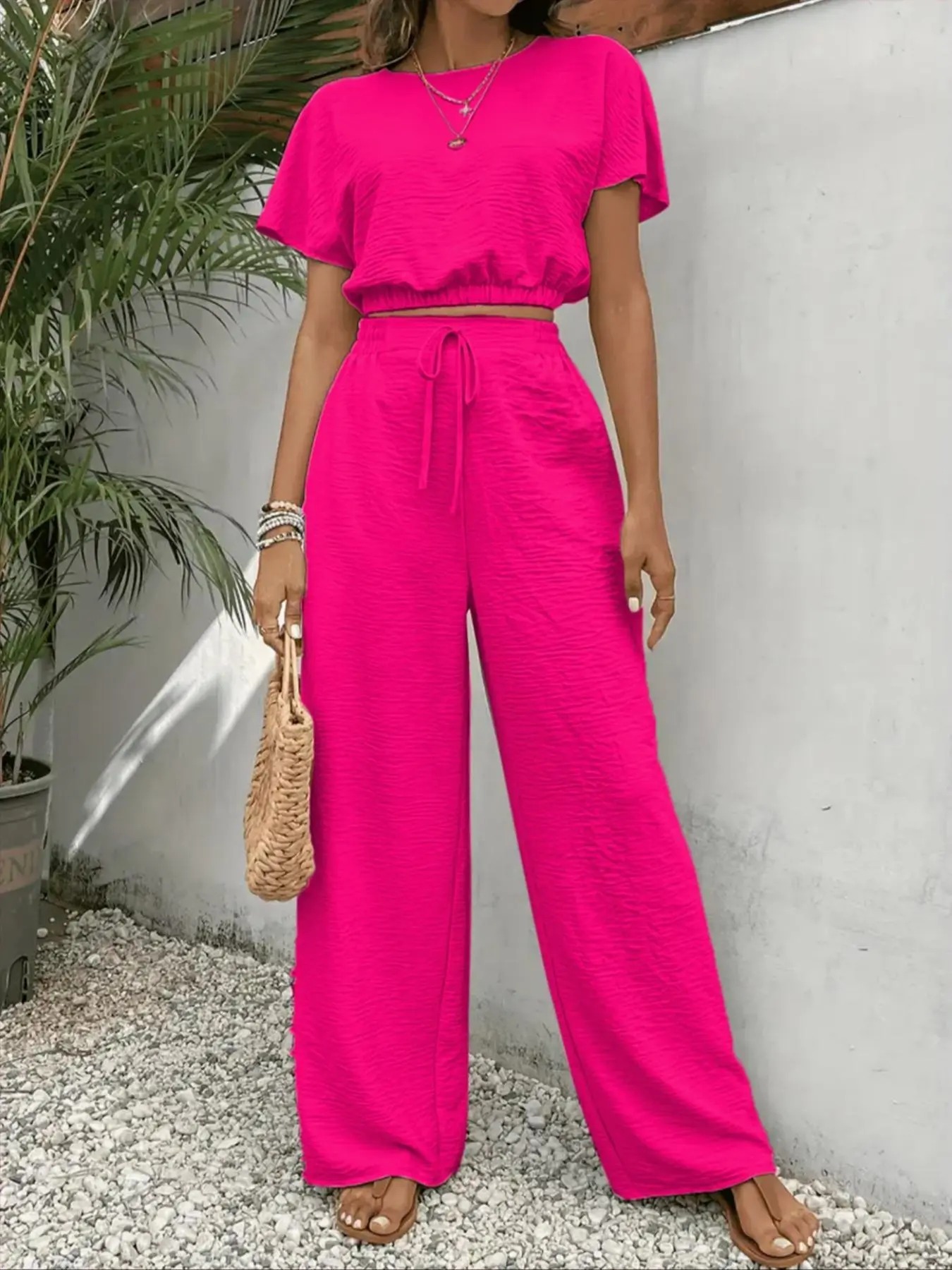Women's Solid Color Rib-Knit Top & Wide Leg Pants Lounge Set