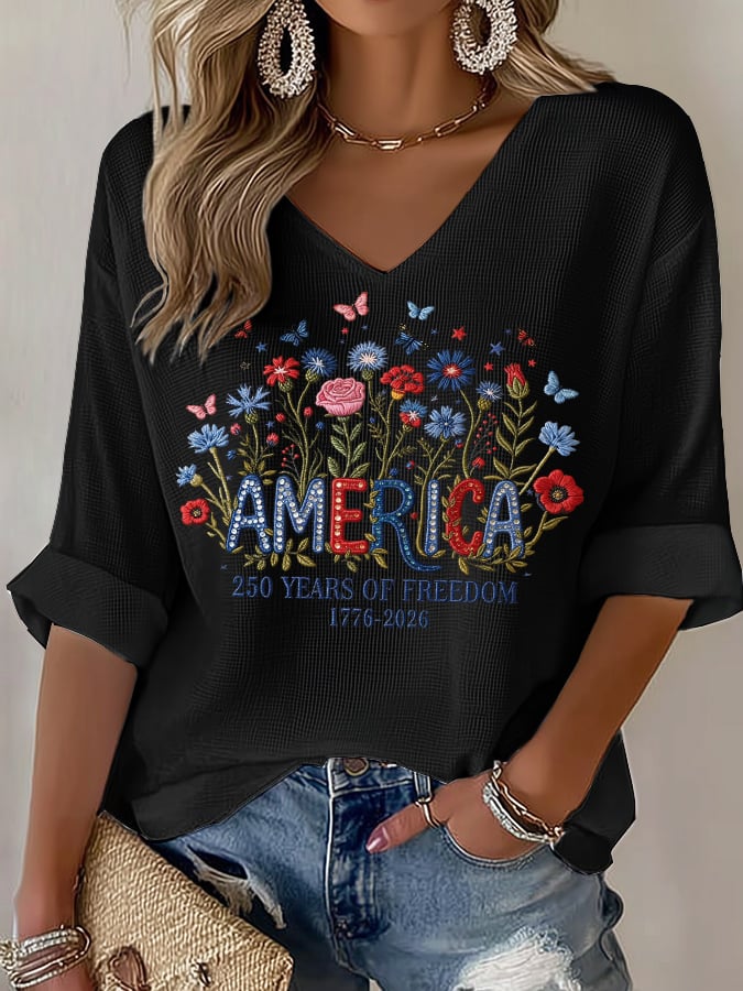 Women's casual retro 250th anniversary waffle-knit long-sleeved T-shirt