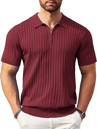 Men's Zipper Polo Shirts Short Sleeve Ribbed Knit Polo T Shirts