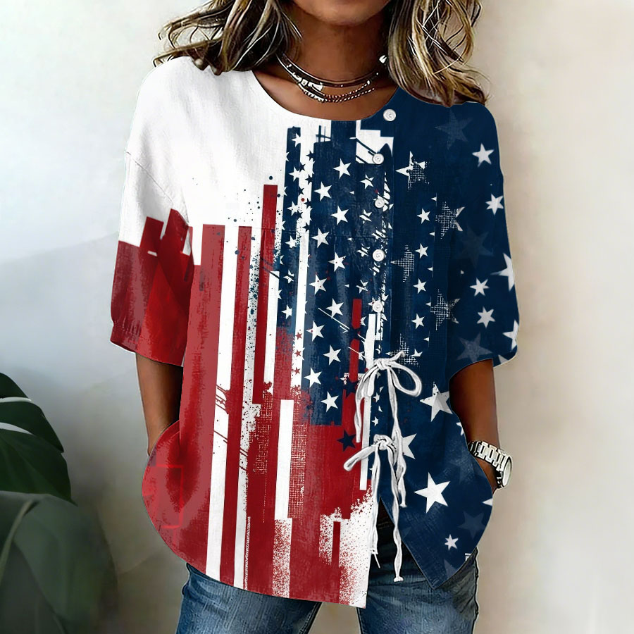 Women'S Cotton And Hemp Patriotic Independence Day Commemorative Printed Casual Shirt