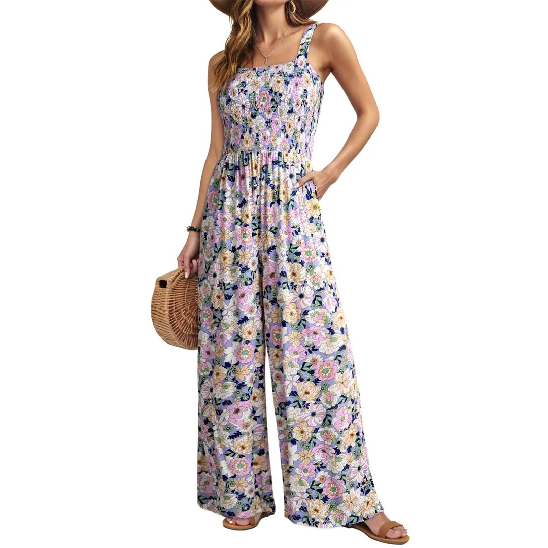 Women's Casual Loose Overalls Jumpsuits One Piece Sleeveless Printed Wide Leg Long Pant Rompers