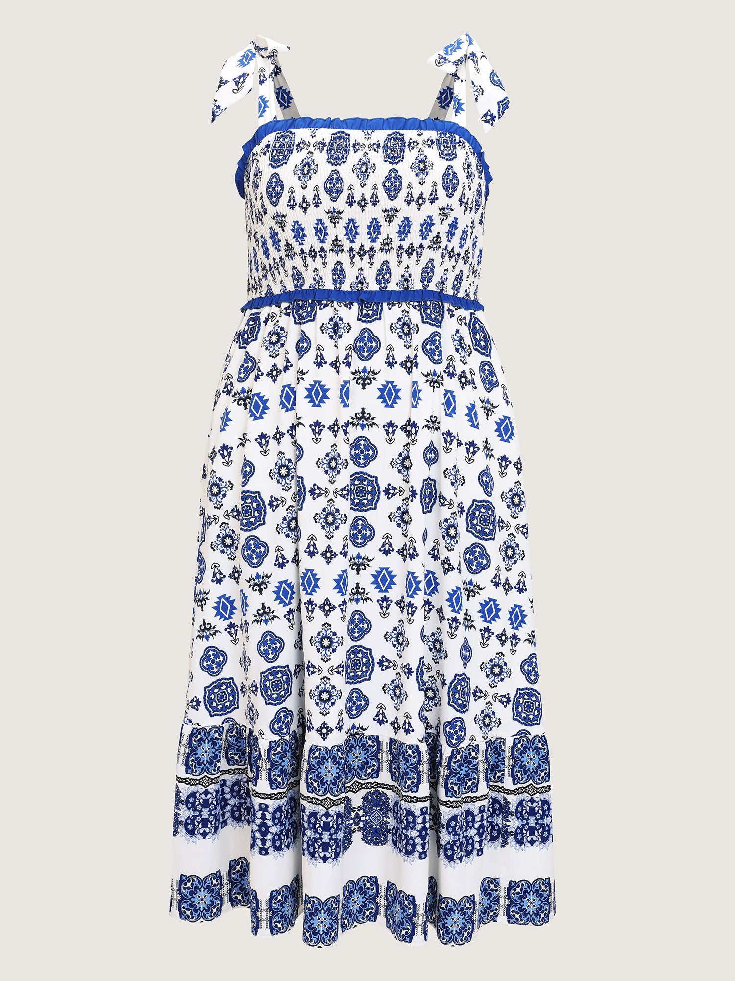 Geometric Boho Print Shoulder-Tie Contrast Maxi Dress