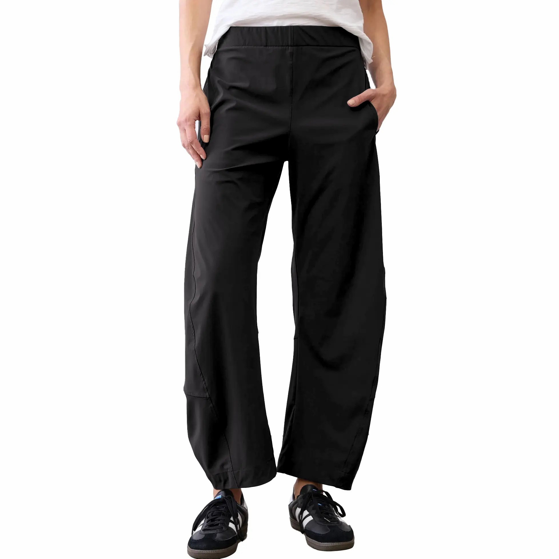 Women's Barrel Travel Pants – Elastic Waistband, Tapered Leg, Baggy Mid Rise Trousers with Pockets