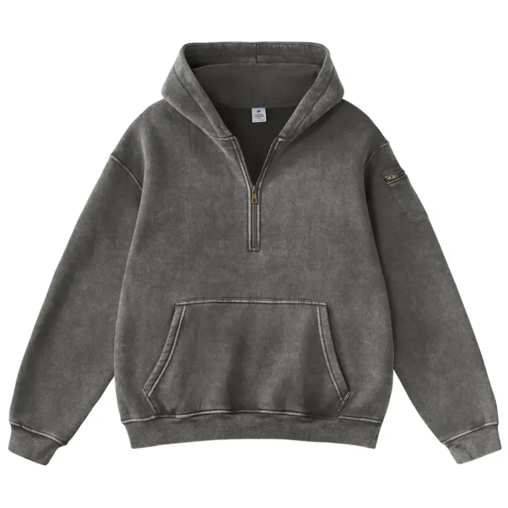 Unisex Vintage Acid Washed Half Zip Fleece Hoodie