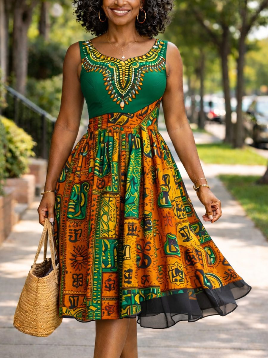 African Print Sleeveless Midi Dress for Women – Dashiki-Inspired Green Bodice & Orange Tribal Pattern Skirt, Casual Summer A-Line Sundress