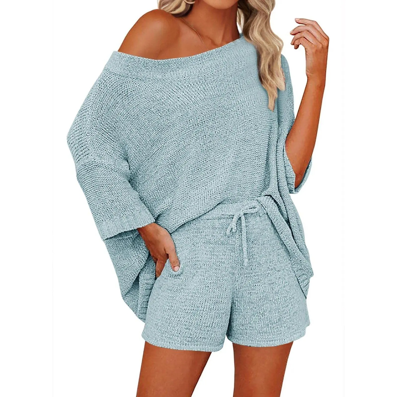 🔥LAST DAY SALE 90% OFF💕Cozy Vibes Off-Shoulder Knit Top & Shorts Lounge Set