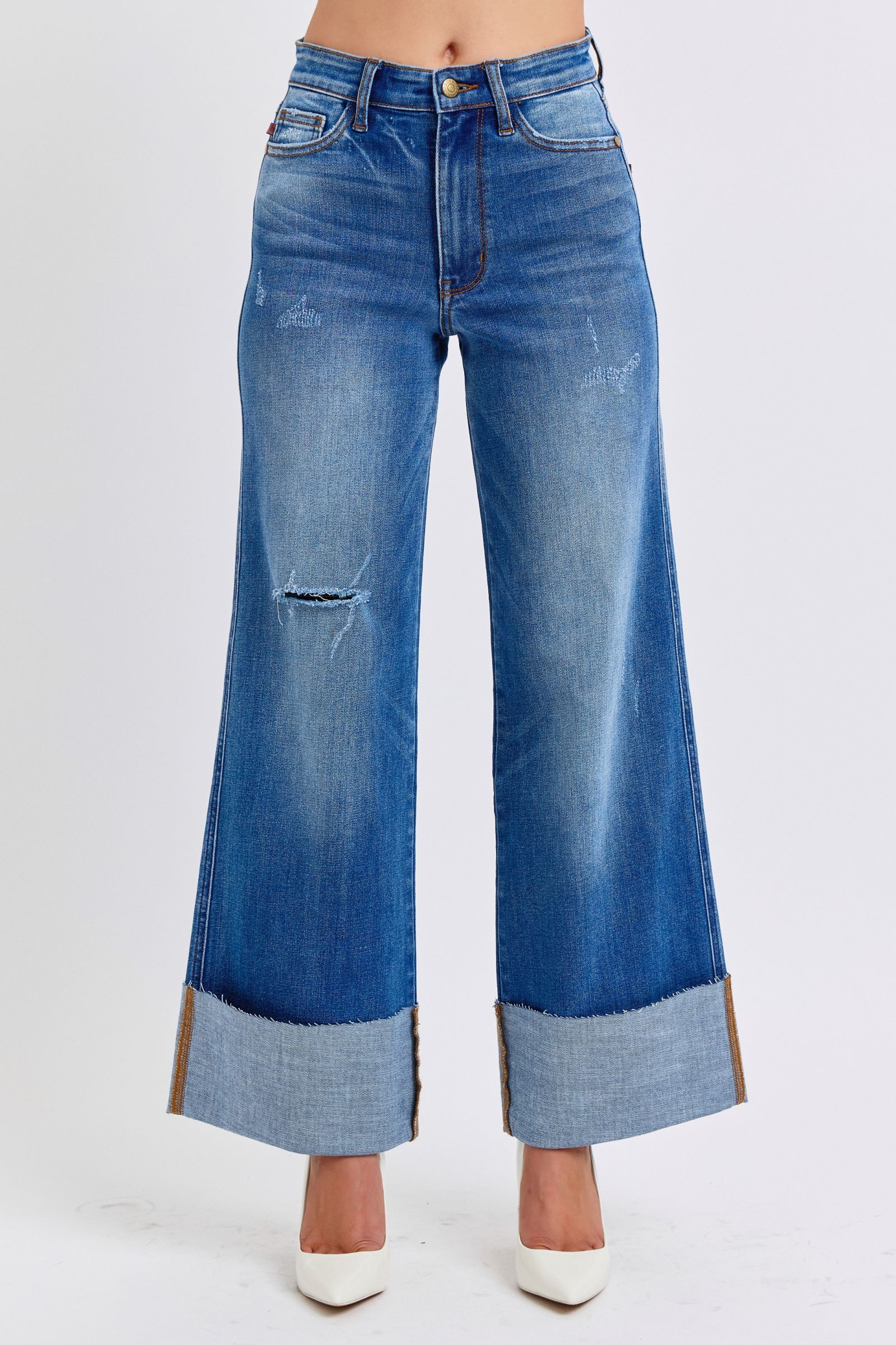 Blue Full Size Distressed High Waist Wide Leg Jeans