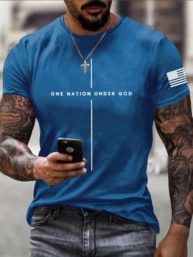 Men's Patriotic Faith Cross ONE NATION UNDER GOD Print Short-Sleeve T-Shirt