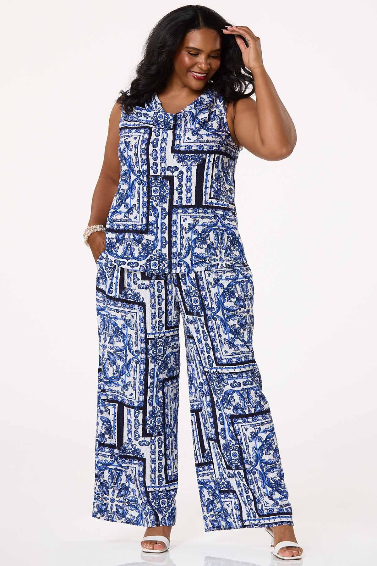 Plus Size Textured Blue Floral Pants