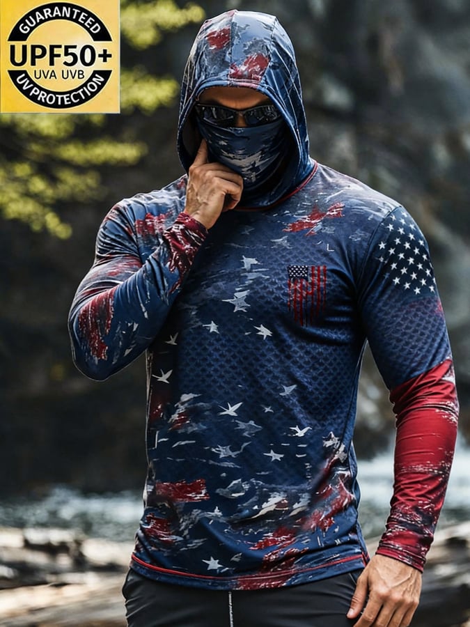 Men'S Outdoor Sun Protection Top: Breathable, Cooling, Long-Sleeve Hoodie With Built-In Face Mask And Contrast Print