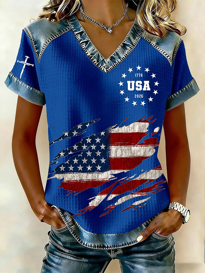 Women's Retro 250th Independence Day Round Neck Waffle Hoodie