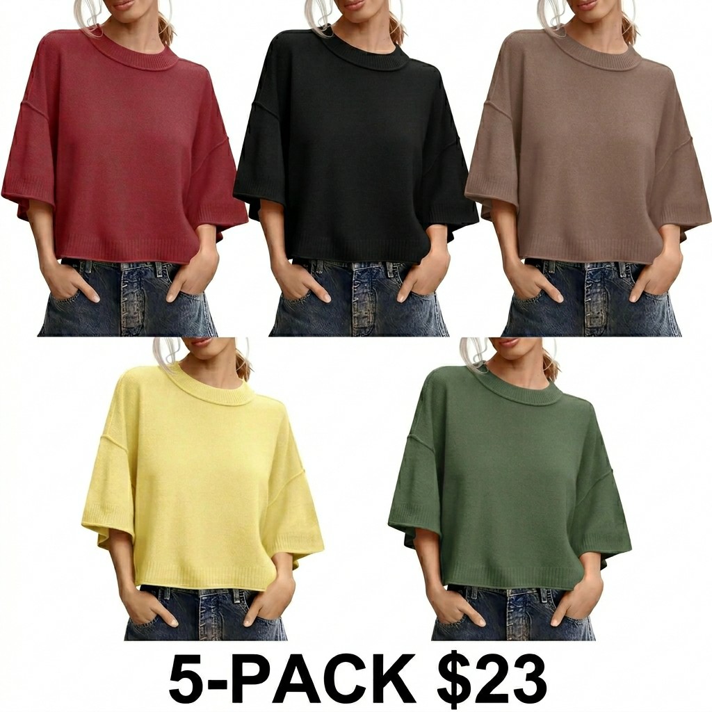 Women's Oversized Cropped Sweater – Short Sleeve Lightweight Knit Summer Top
