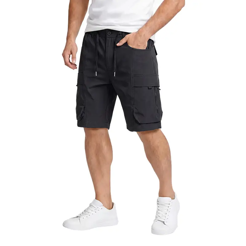 men’s casual cargo shorts with zippered pockets and a buttoned placket