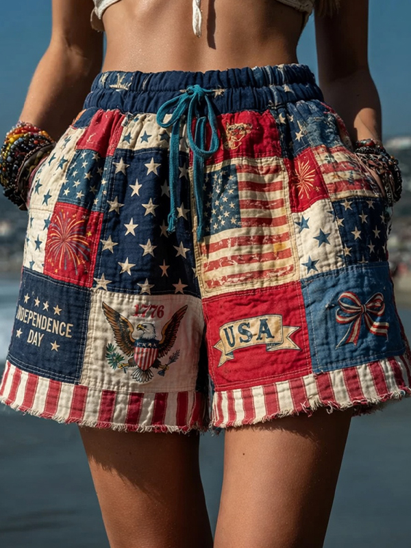 Women's USA 1776 Firework Star Stripe Print Casual Shorts
