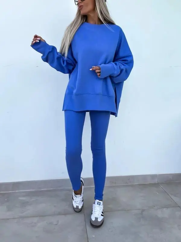 Women's Solid Long Sleeve Pullover & Leggings Sports Set