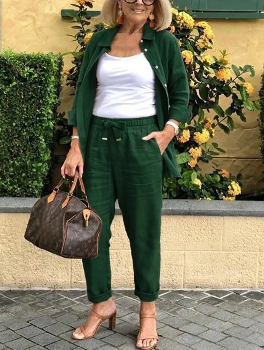 Solid Cotton Linen Women Suits  Casual