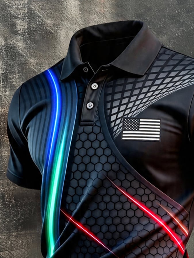 Men's Retro Patriotic Color-Block Short-Sleeve Polo Shirt