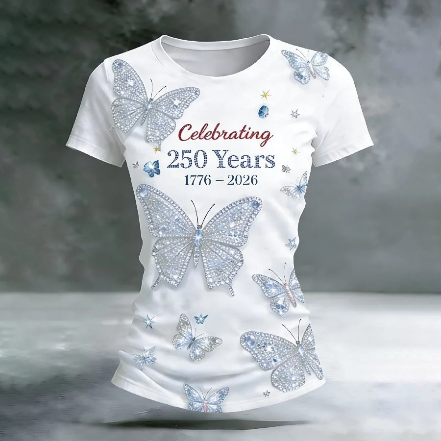 Women'S Casual Floral 250Th Anniversary Celebration Printed Round Neck T-Shirt In The United States