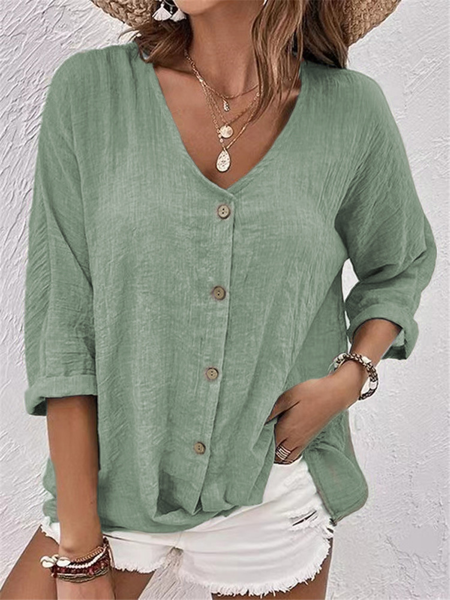 Women's V-neck Pullover Short Sleeve Loose-fit Shirt