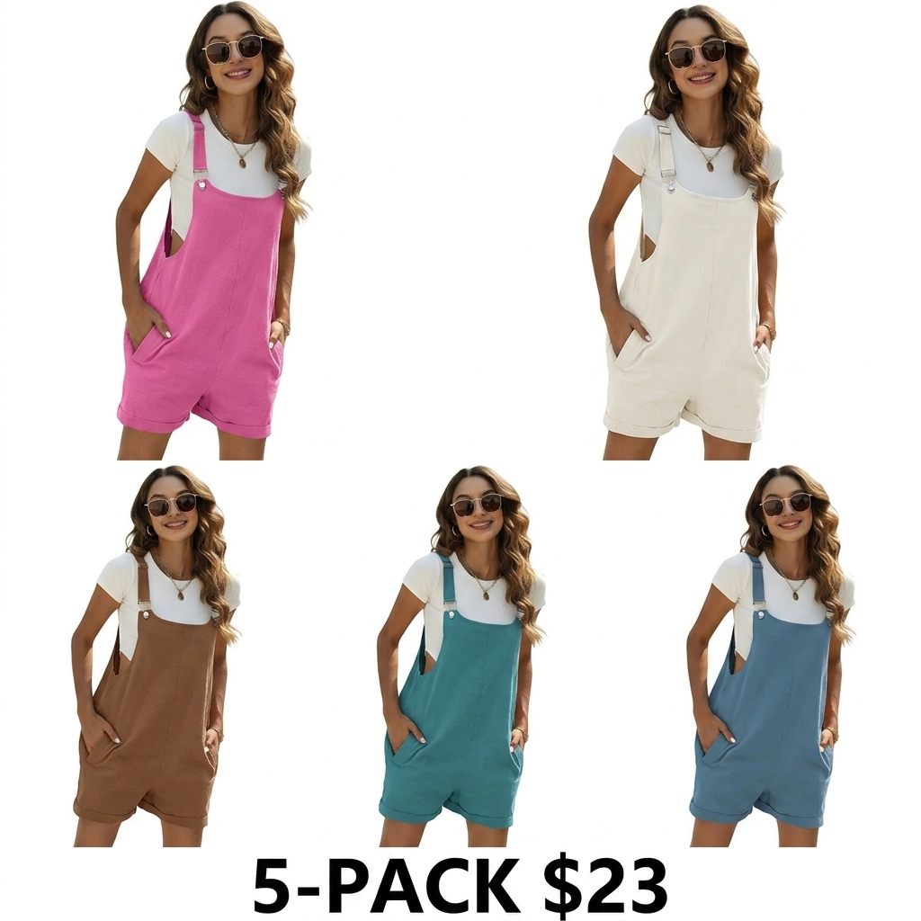 Women's Sleeveless Bib Shortalls – Cotton Linen Pinafore Overalls with Pockets & Adjustable Straps