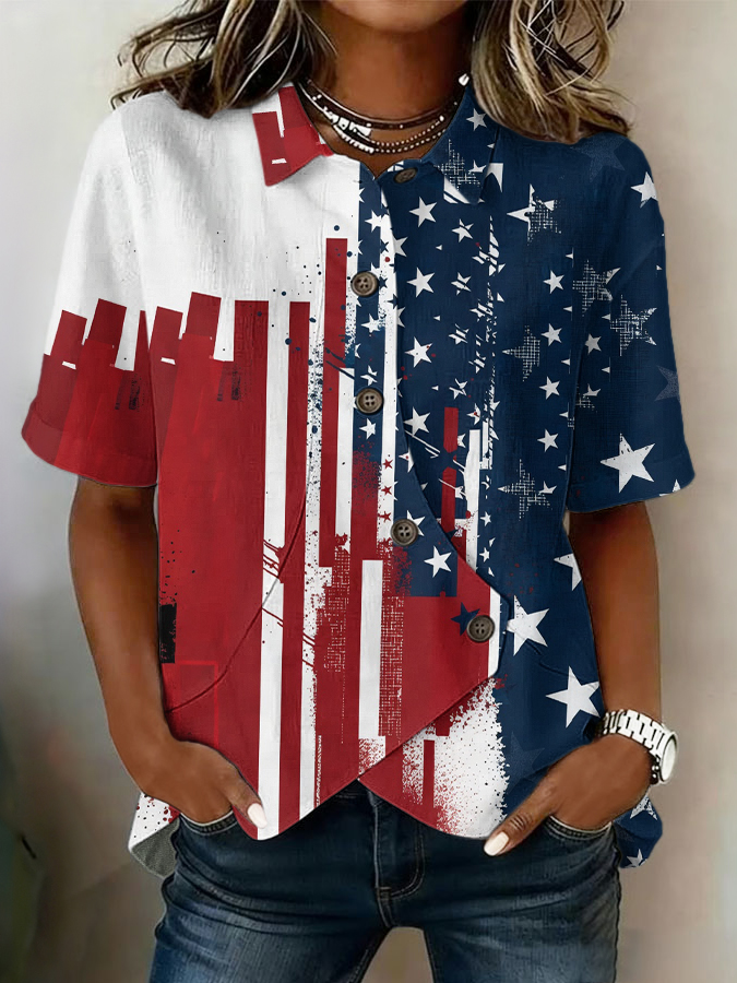 Women'S Cotton And Linen Button Design Casual American Independence Day 250Th Anniversary Short Sleeved Summer Top