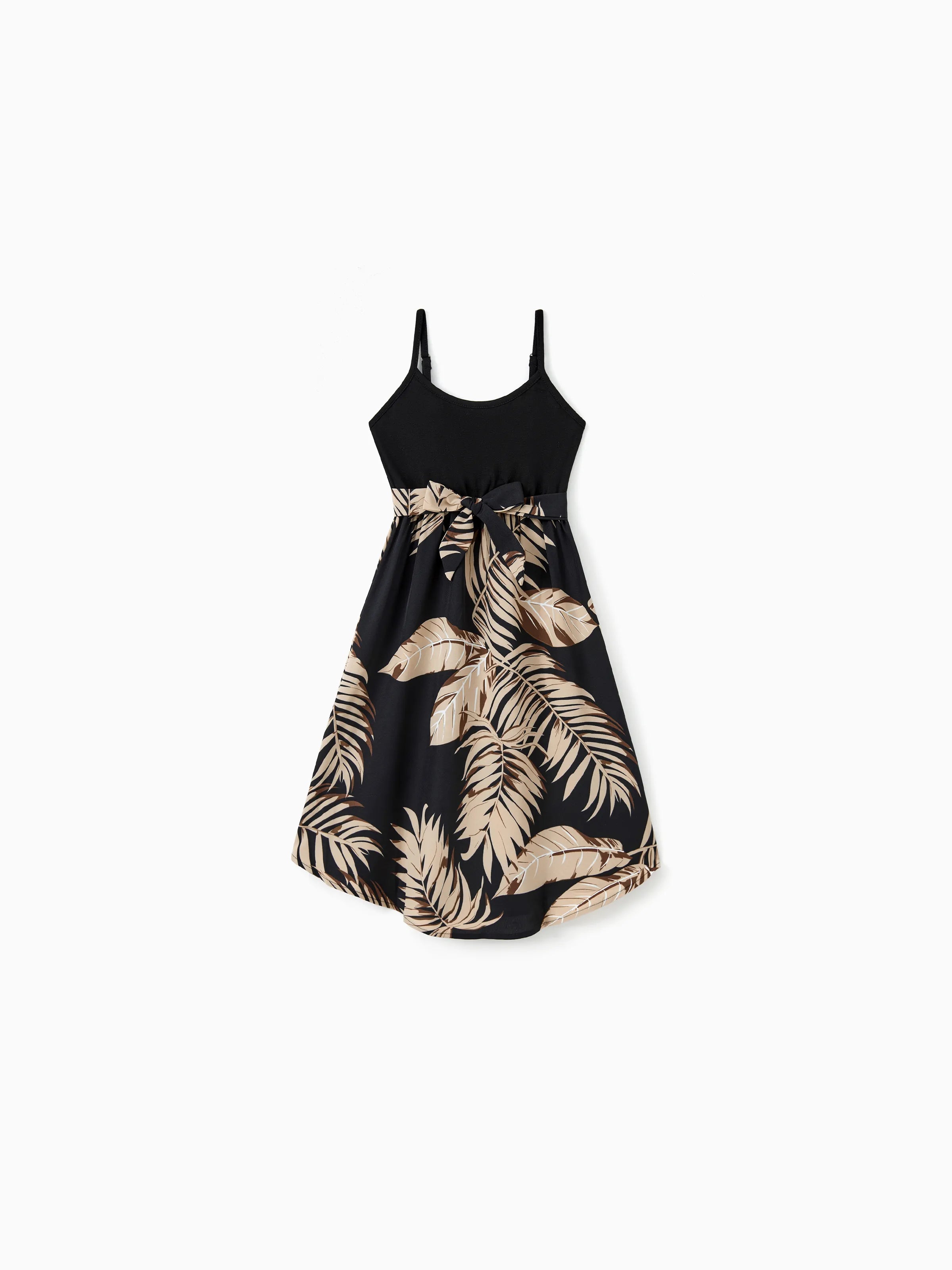 Mommy and Me Family Matching Floral Print Belted Cami Dresses And Solid Short Sleeve Tops Sets Black