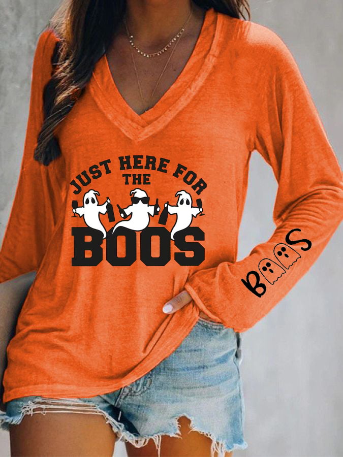 Women's Funny Halloween I’m Just Here for the Boos Printed V-Neck Long Sleeve Top