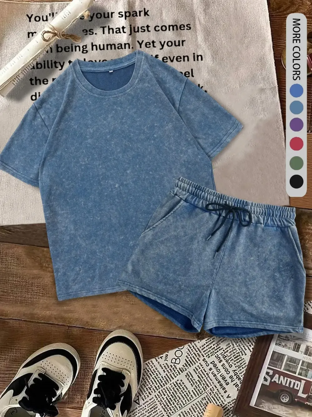 Two-piece Set Women's Solid Color Denim-effect Print Tee & Shorts