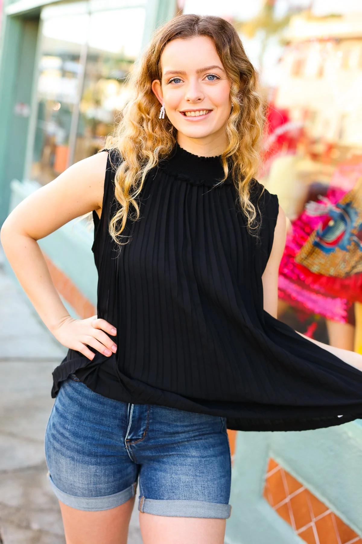 Sweet New Days Smocked Neck Pleated Sleeveless Top in Black