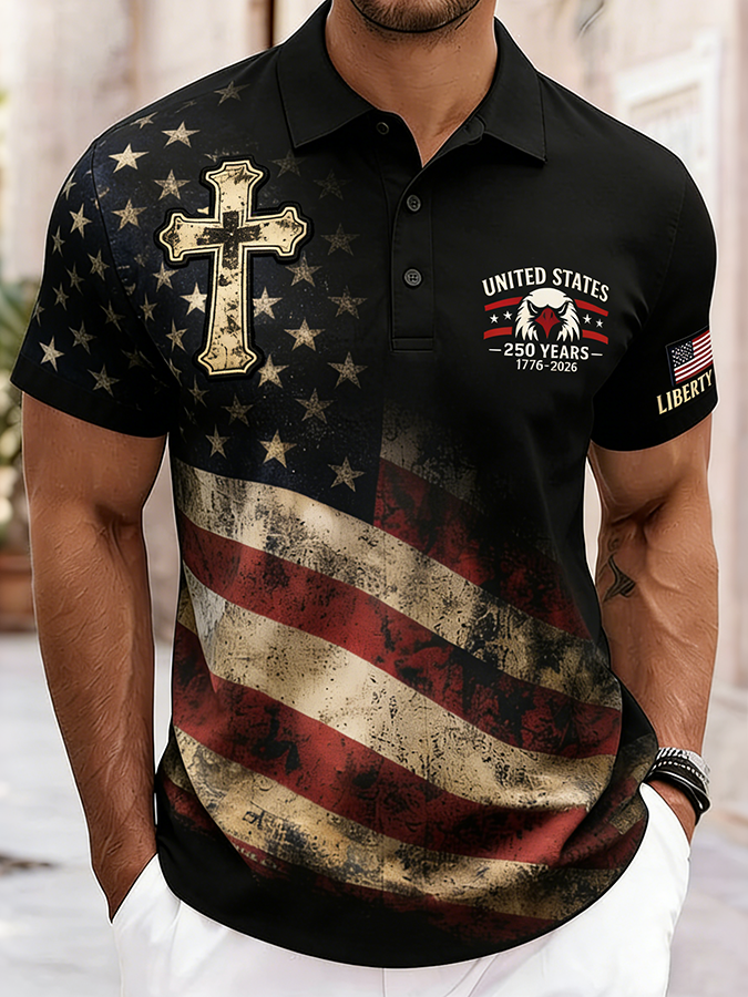 Men'S Casual Cross American Pentagram Flag Gradient Personalized Printed Polo Shirt