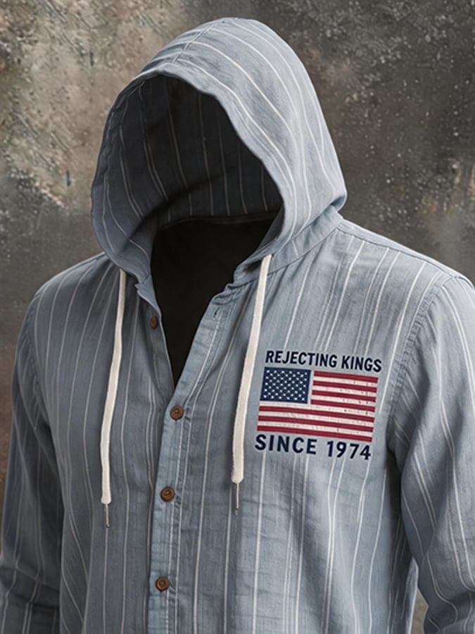 Men's Striped Linen Blend Hooded Long Sleeve Shirt, American Flag Print Casual Button-Down Top with Drawstring
