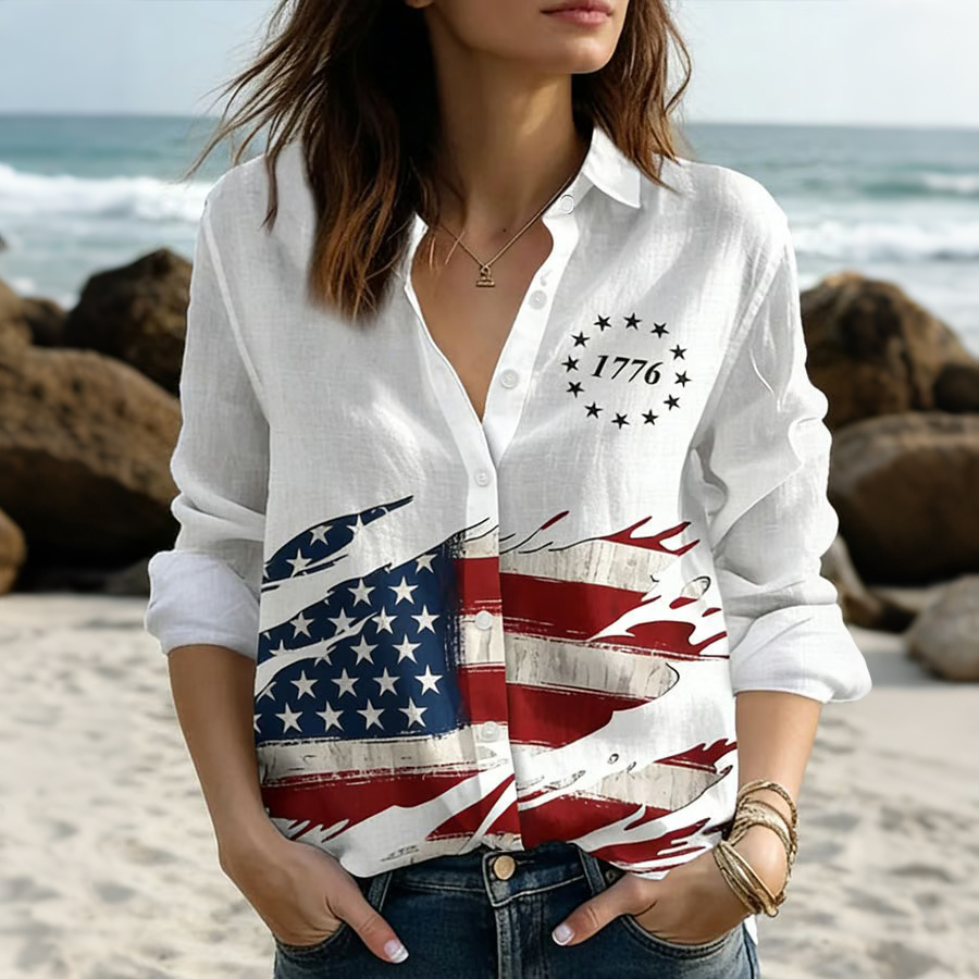 Women's Retro 250th Anniversary Print Casual Collared Shirt
