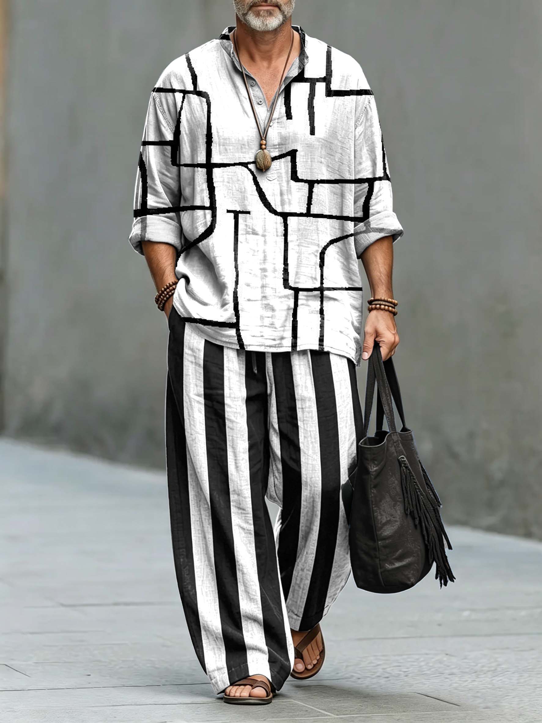 Men's Abstract Geometric Stripes Art Print Cotton Shirt Set