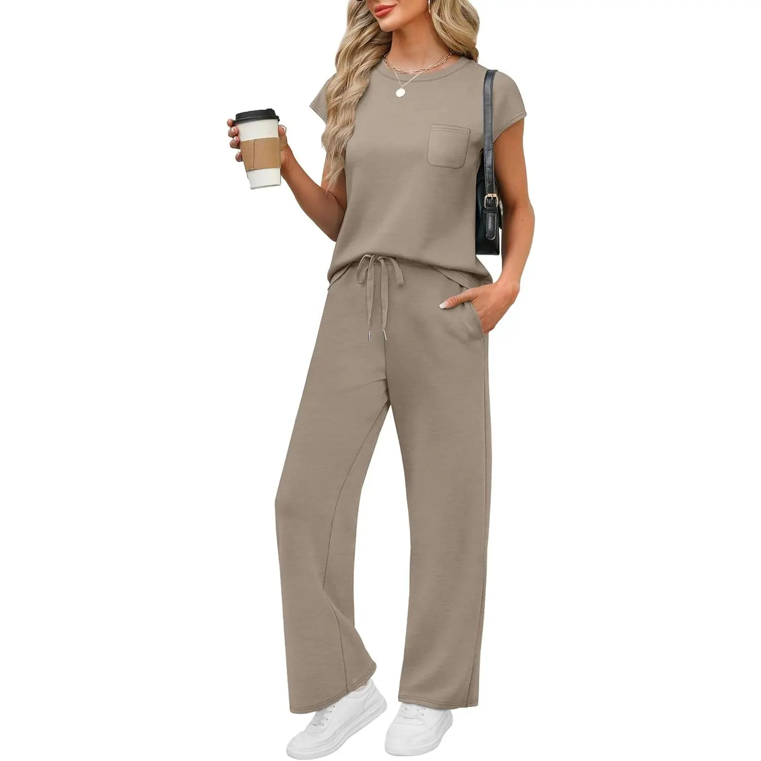 Women's 2 Piece Sets – Casual Summer Travel Vacation Outfits Cap Sleeve Lounge Set Chic Crewneck Soft Silky Breathable Clothes