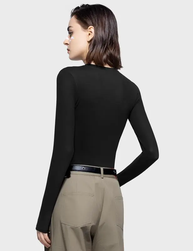 Long Sleeve Basic Tee Women's Crew Neck Slim Fit Tops Streetwear Minimalist Double Layer Compression Tee