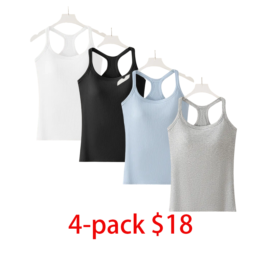 Women's 8-Pack Ribbed Built-in Bra Tank Top – Racerback Cropped Camisole with Removable Pads Wireless Supportive Yoga Top