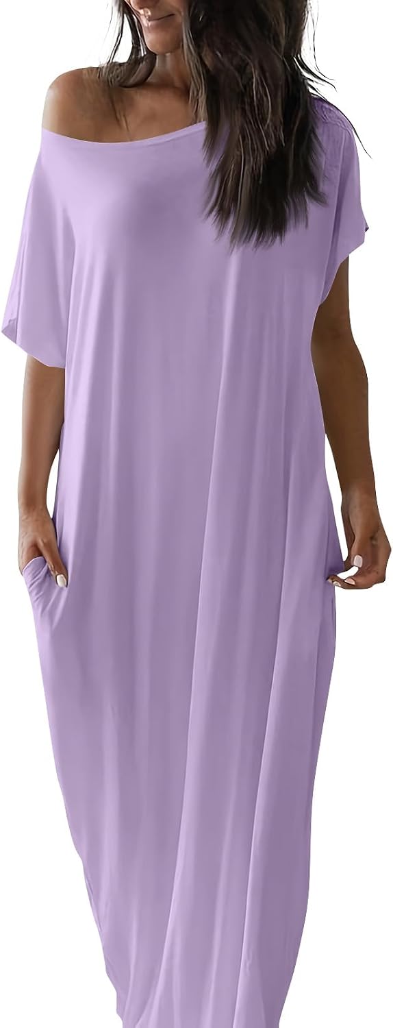Womens Off the Shoulder Dress Batwing Short Sleeve Long Tshirt Dress with Pockets Casual Summer Loose Lounge Dresses