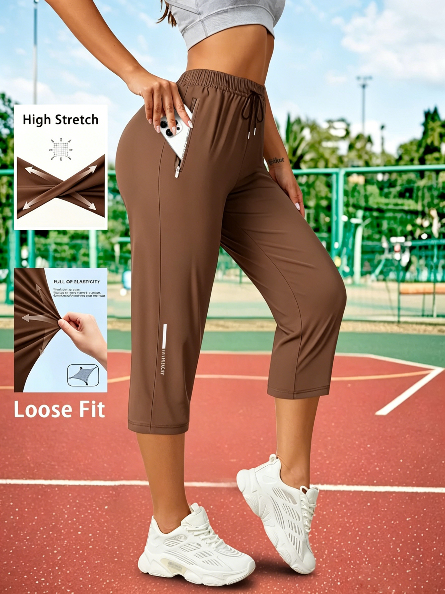 Women's Capris Pants - Loose Fit, Summer Drawstring Waist, Zippered Pockets