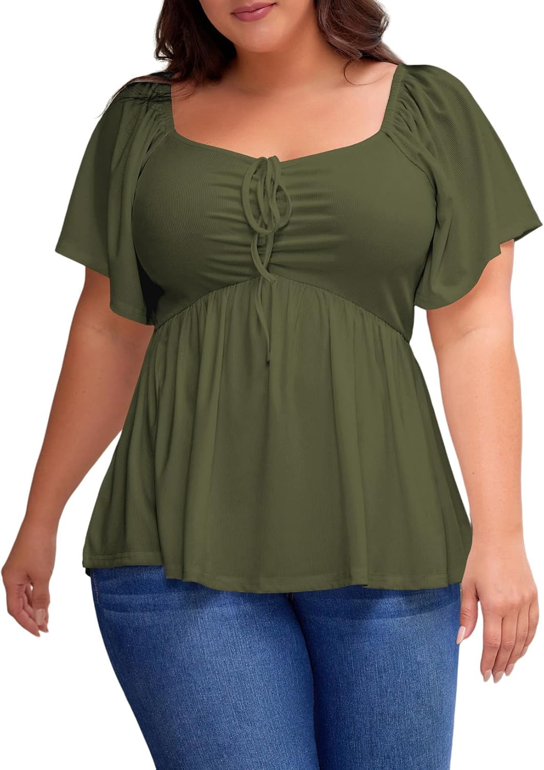 Womens Plus Size Tops Short Sleeve Sweetheart Neck Shirred Peplum Blouse Shirts