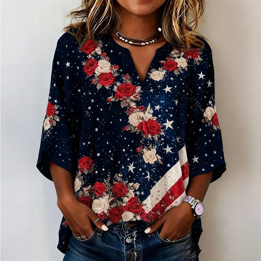 Women's casual American 250th anniversary floral cotton and linen top